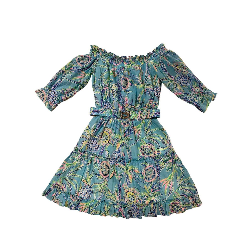 Lilly Pulitzer Blue‎ Pink Turtle Print Tiered Mini Dress Off Shoulder Belted M
